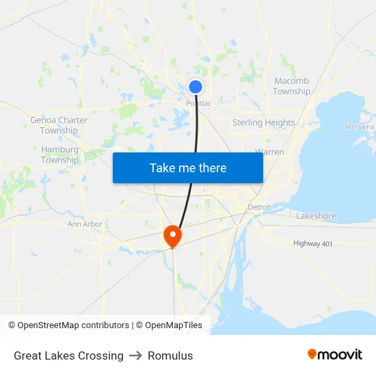 Great Lakes Crossing to Romulus map