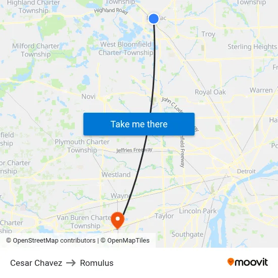 Cesar Chavez to Romulus map