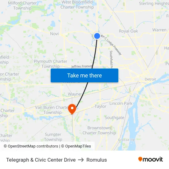 Telegraph & Civic Center Drive to Romulus map