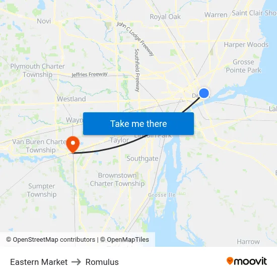 Eastern Market to Romulus map