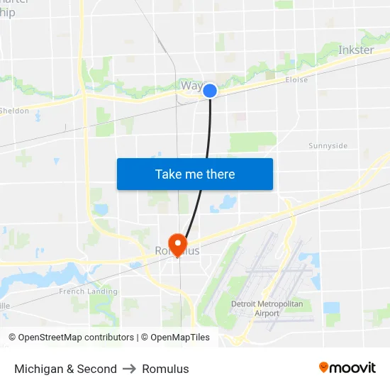 Michigan & Second to Romulus map