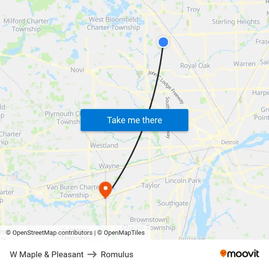 W Maple & Pleasant to Romulus map