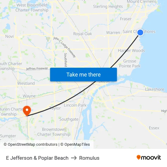E Jefferson & Poplar Beach to Romulus map