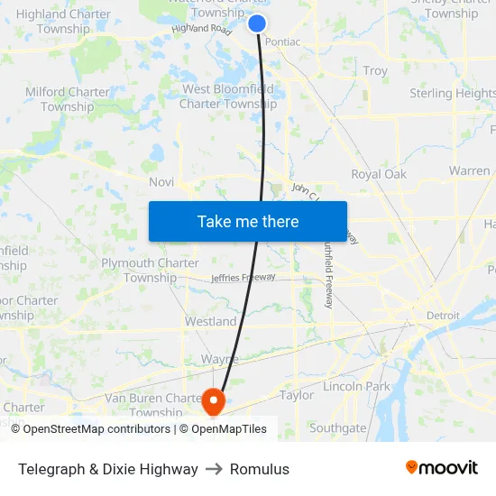 Telegraph & Dixie Highway to Romulus map