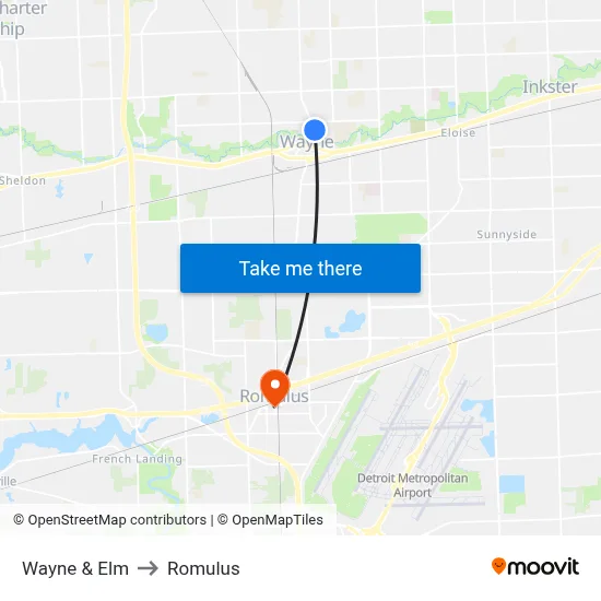 Wayne & Elm to Romulus map