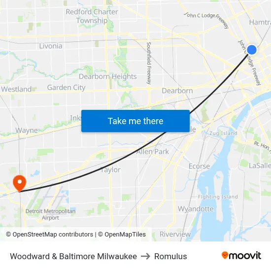 Woodward & Baltimore Milwaukee to Romulus map
