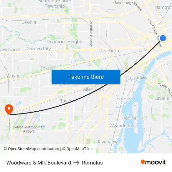 Woodward & Mlk Boulevard to Romulus map