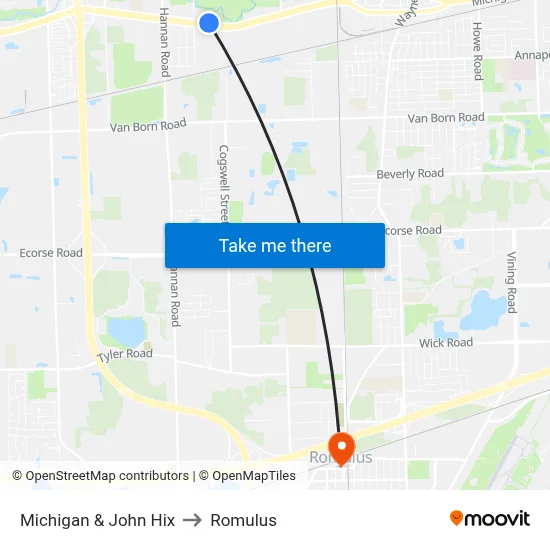Michigan & John Hix to Romulus map