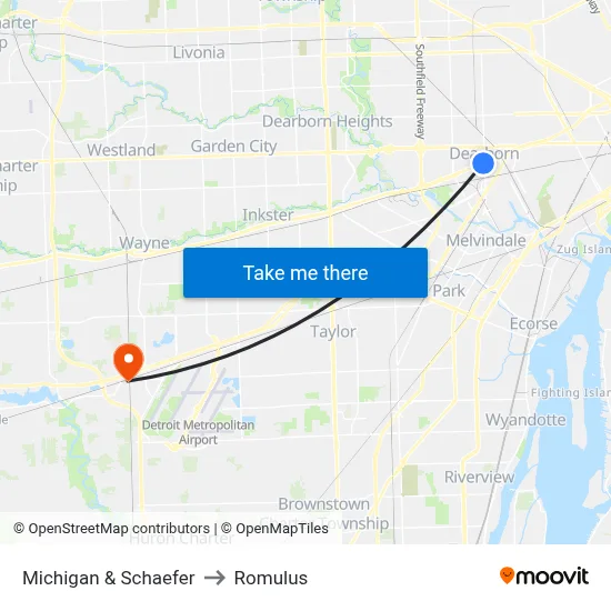 Michigan & Schaefer to Romulus map