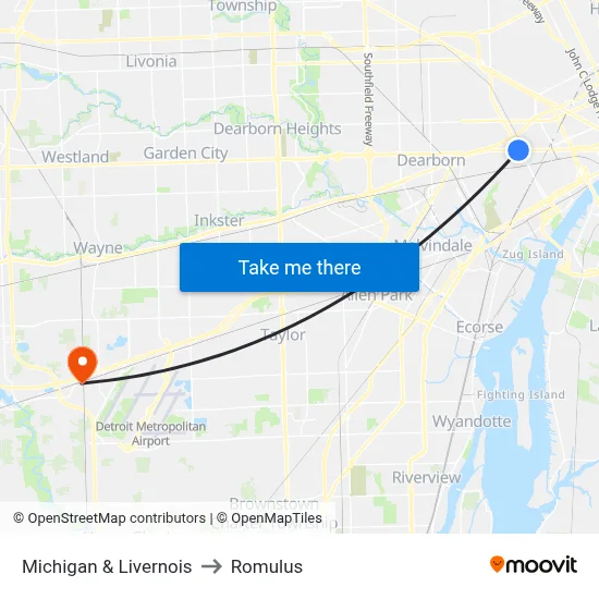 Michigan & Livernois to Romulus map
