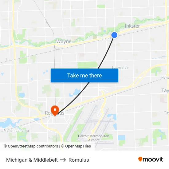 Michigan & Middlebelt to Romulus map