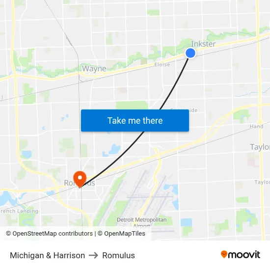 Michigan & Harrison to Romulus map