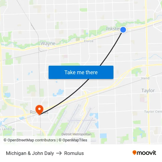 Michigan & John Daly to Romulus map