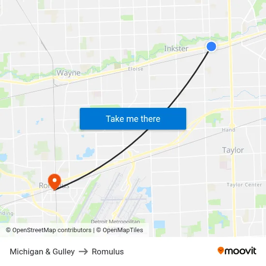 Michigan & Gulley to Romulus map