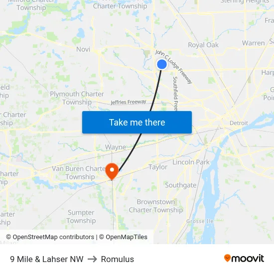 9 Mile & Lahser NW to Romulus map