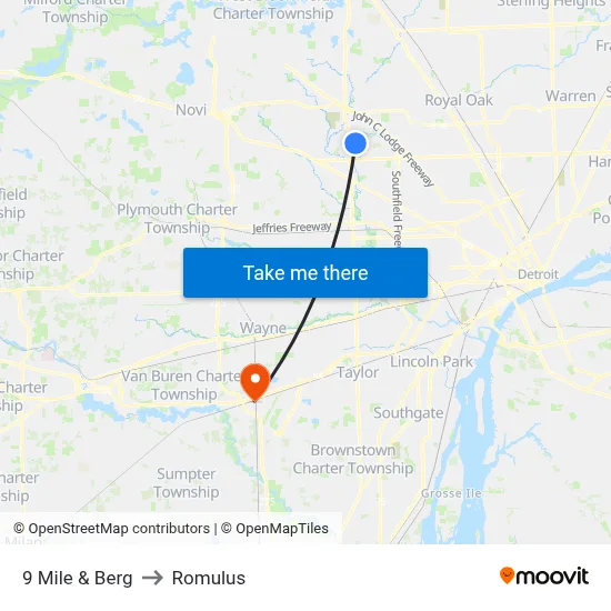 9 Mile & Berg to Romulus map