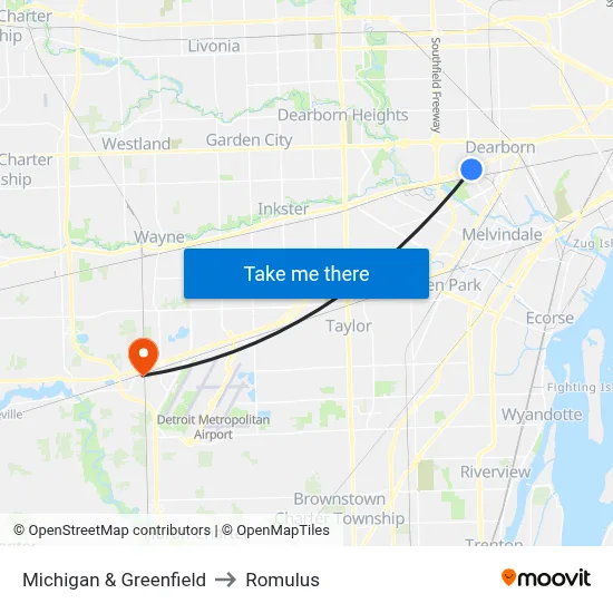 Michigan & Greenfield to Romulus map