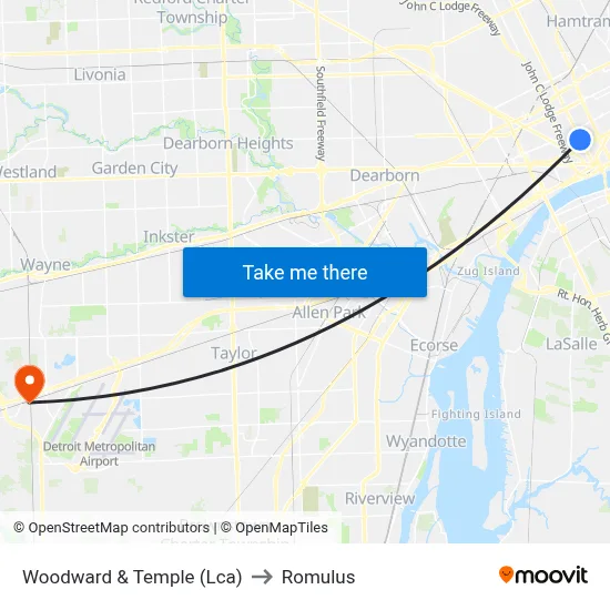Woodward & Temple (Lca) to Romulus map