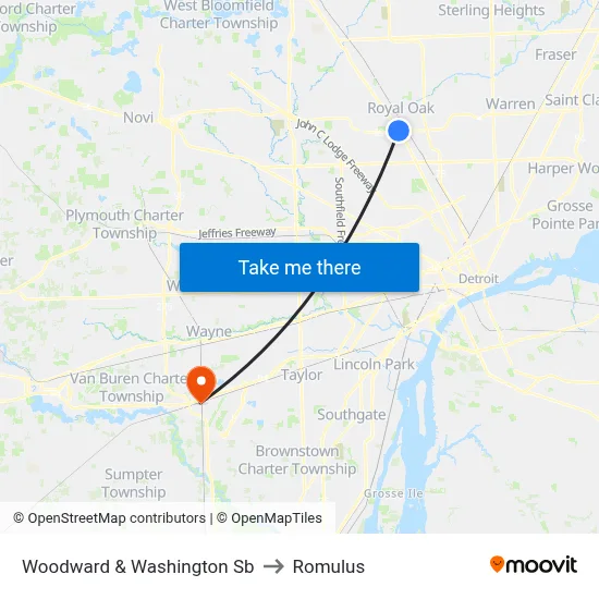Woodward & Washington Sb to Romulus map