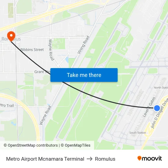 Metro Airport Mcnamara Terminal to Romulus map
