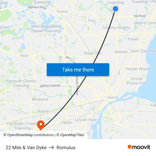 22 Mile & Van Dyke to Romulus map