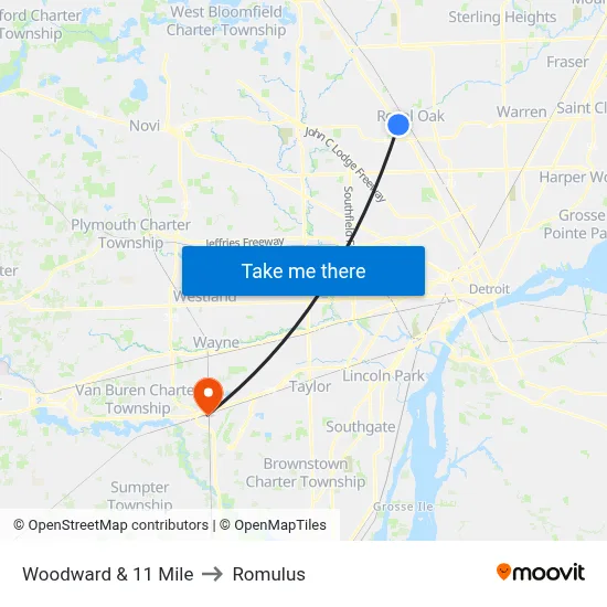 Woodward & 11 Mile to Romulus map