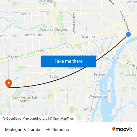 Michigan & Trumbull to Romulus map