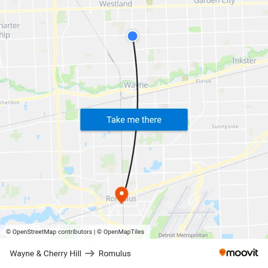 Wayne & Cherry Hill to Romulus map