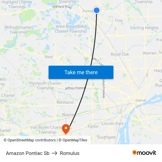 Amazon Pontiac Sb to Romulus map