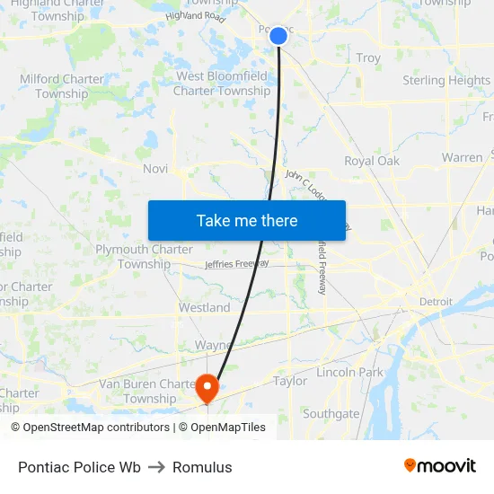 Pontiac Police Wb to Romulus map