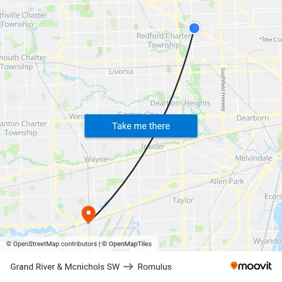 Grand River & Mcnichols SW to Romulus map