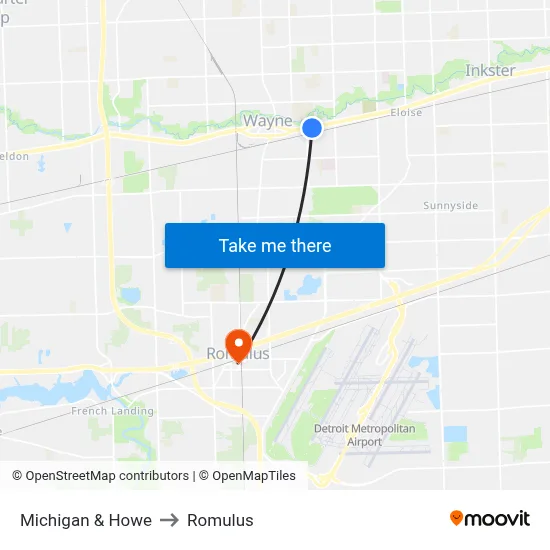 Michigan & Howe to Romulus map