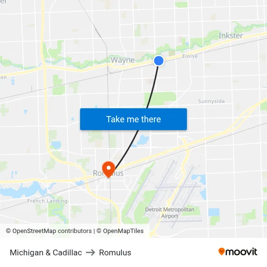 Michigan & Cadillac to Romulus map