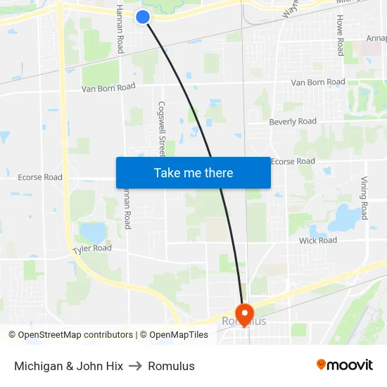 Michigan & John Hix to Romulus map