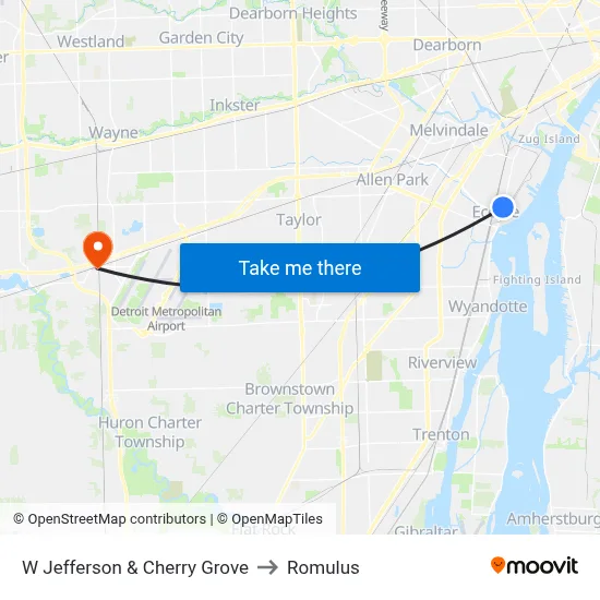 W Jefferson & Cherry Grove to Romulus map