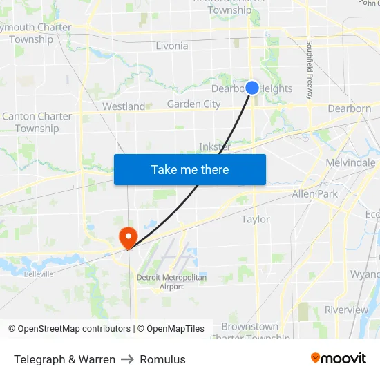 Telegraph & Warren to Romulus map