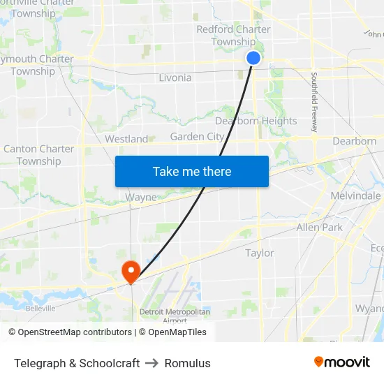 Telegraph & Schoolcraft to Romulus map