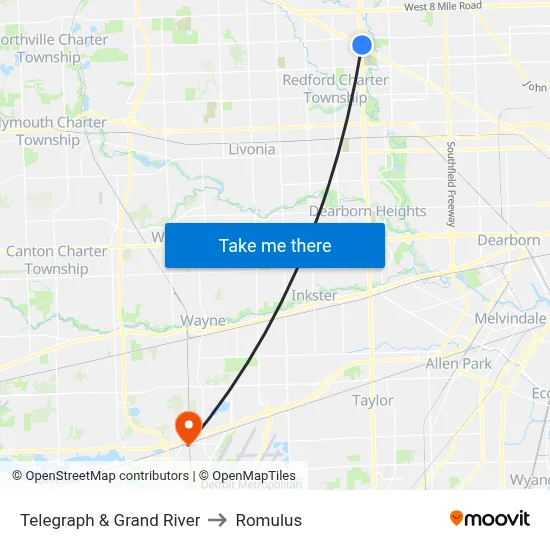 Telegraph & Grand River to Romulus map