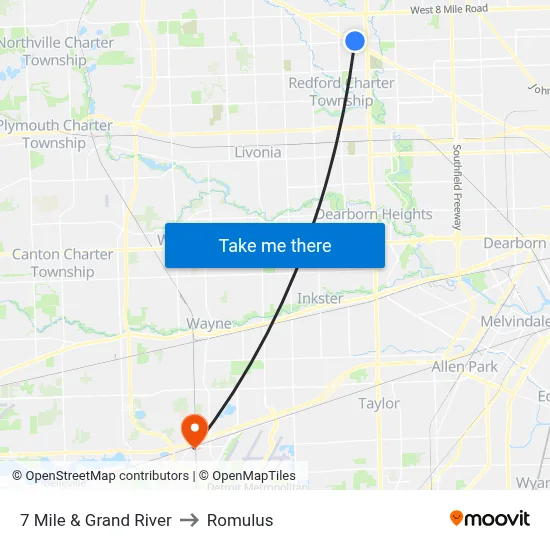 7 Mile & Grand River to Romulus map