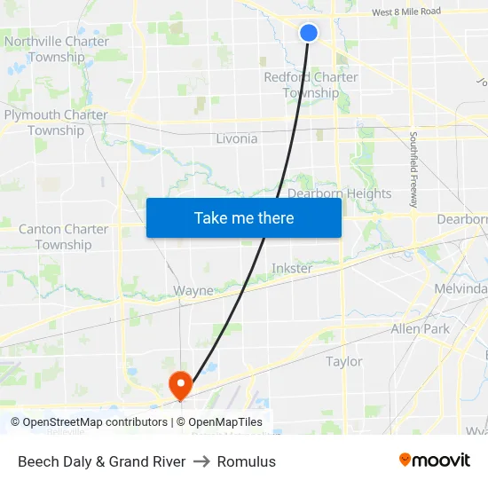 Beech Daly & Grand River to Romulus map