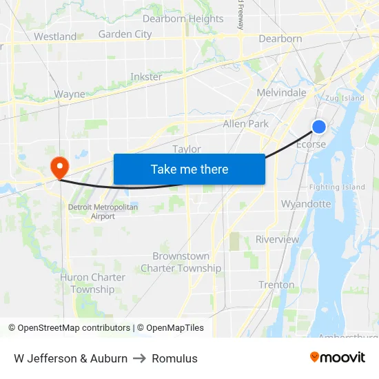 W Jefferson & Auburn to Romulus map