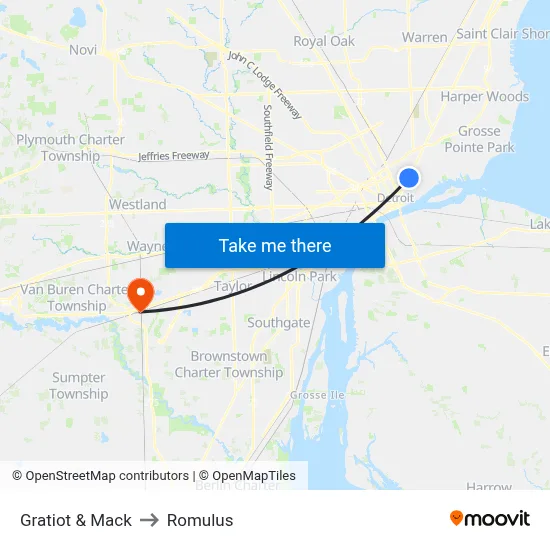 Gratiot & Mack to Romulus map