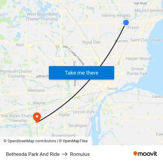Bethesda Park And Ride to Romulus map