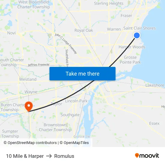 10 Mile & Harper to Romulus map