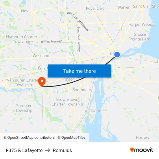 I-375 & Lafayette to Romulus map