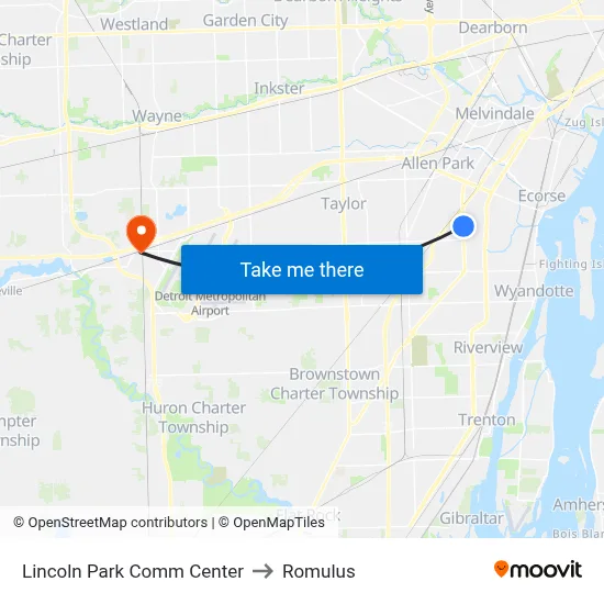 Lincoln Park Comm Center to Romulus map