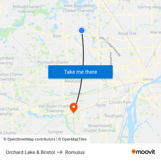 Orchard Lake & Bristol to Romulus map
