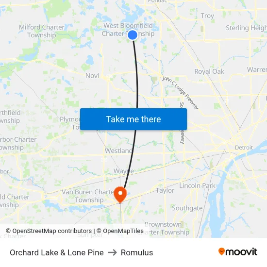 Orchard Lake & Lone Pine to Romulus map