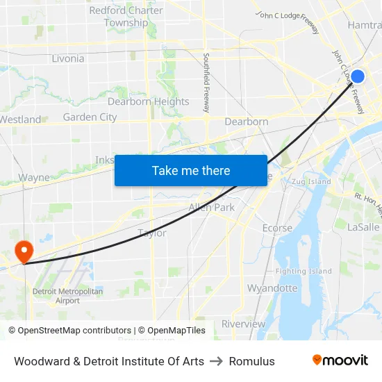 Woodward & Detroit Institute Of Arts to Romulus map
