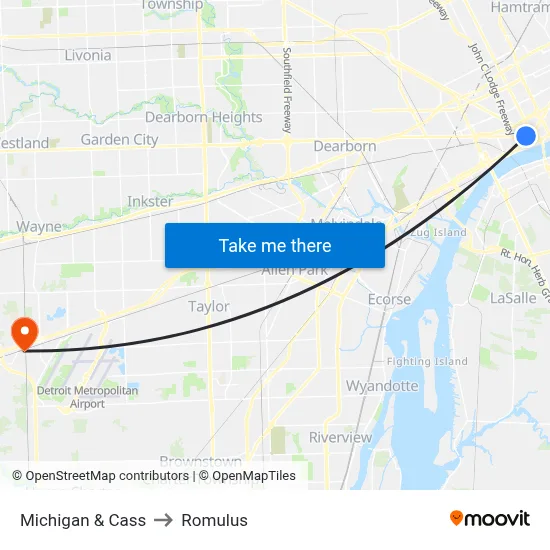 Michigan & Cass to Romulus map